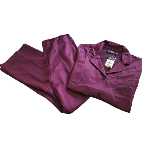 Lauren Ralph Lauren Satin Pajama Set Notch Collar Shirt & Wide Leg Pant Wine S - Picture 5 of 7